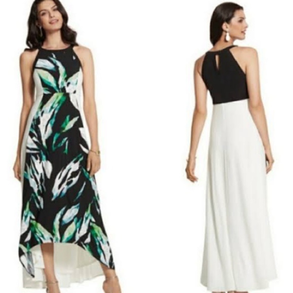 Chico's Black & White High-Low Maxi Dress with Green Leaf Print